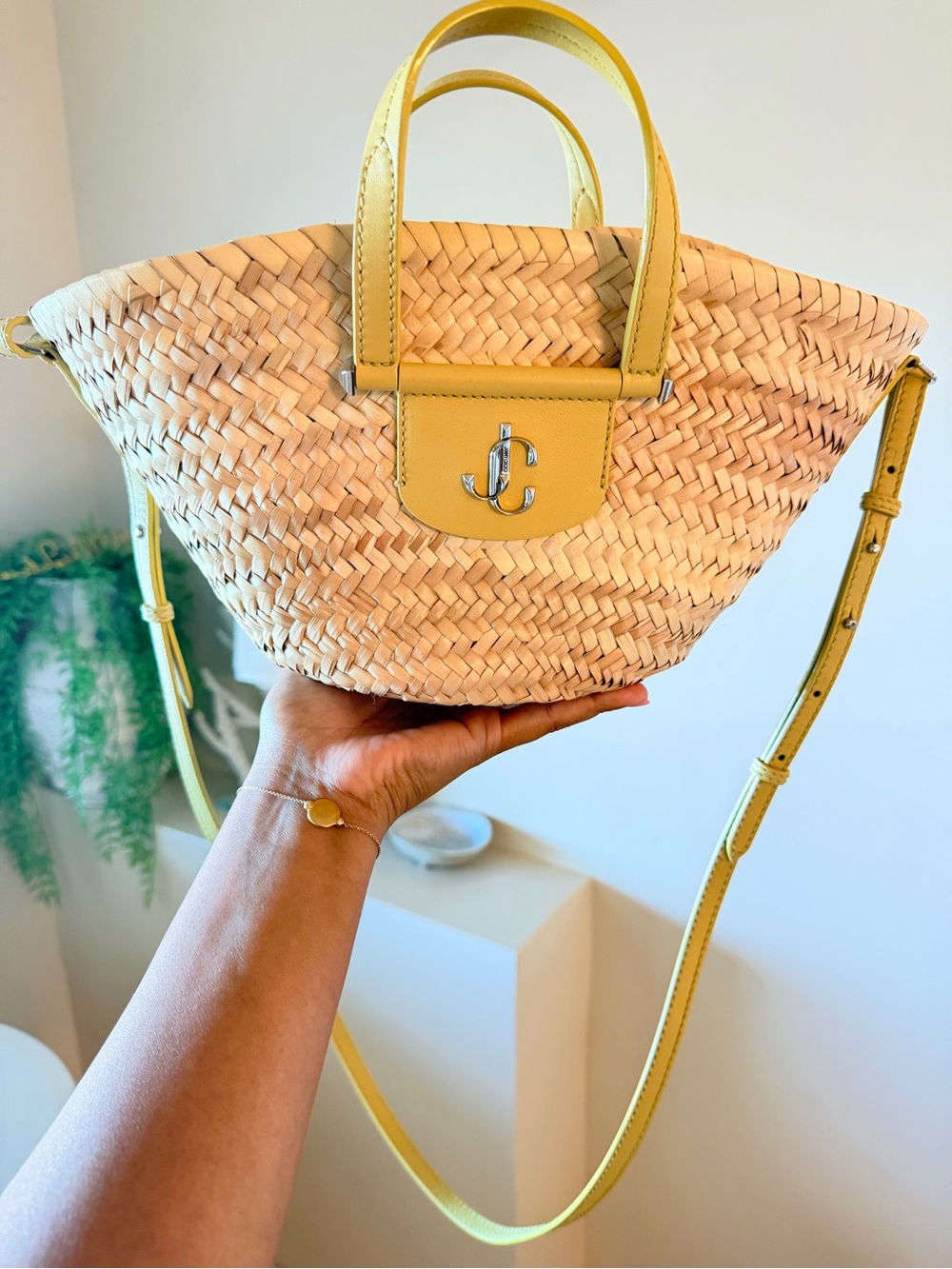 Jimmy Choo Natural Straw Shoulder Bag with Yellow Leather Trim
